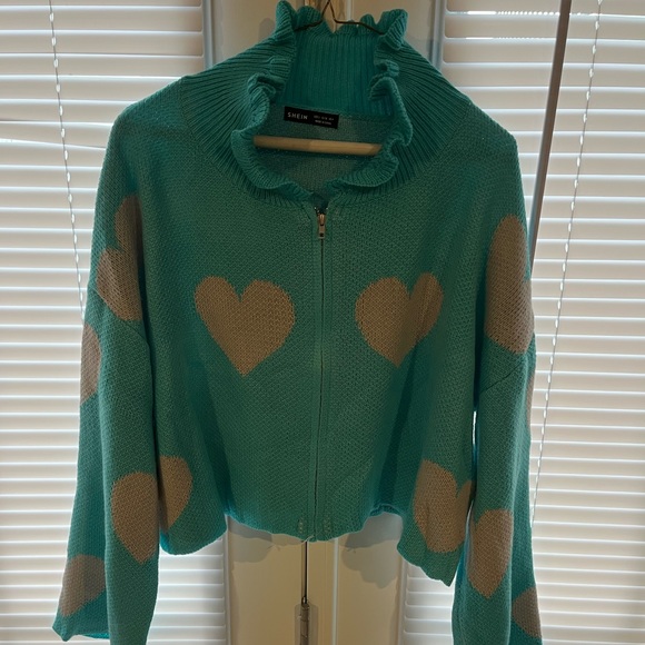 drop shoulder belle sleeve heart pattern cardigan - Picture 3 of 4
